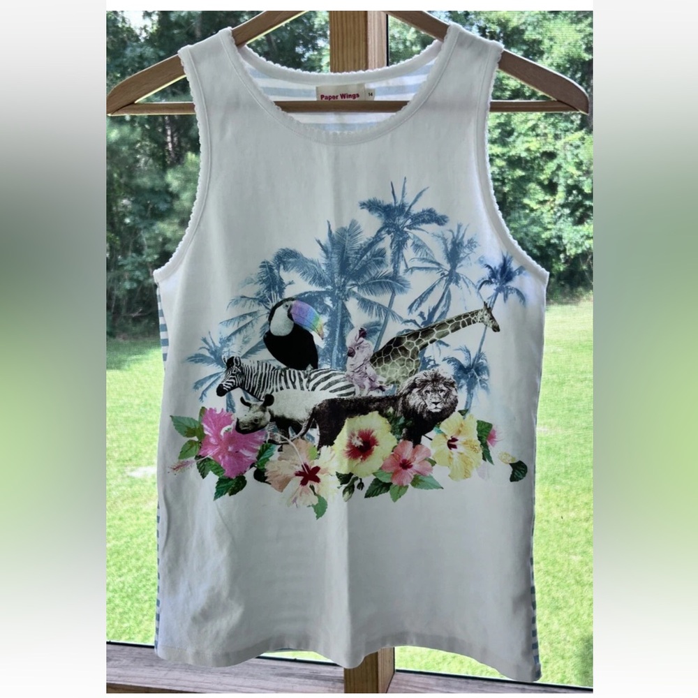 Paper Wings Island Life Girls Tank Shirt Sz 14 Fun Wildlife Theme Organic Cotton